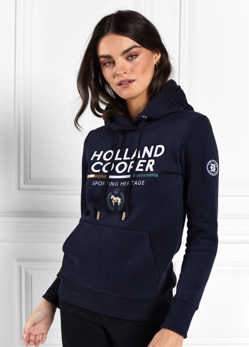 Holland Cooper Tri Colour Crest Hoodie - Ink Navy 1 Holland Cooper Tri Colour Crest Hoodie - Ink Navy