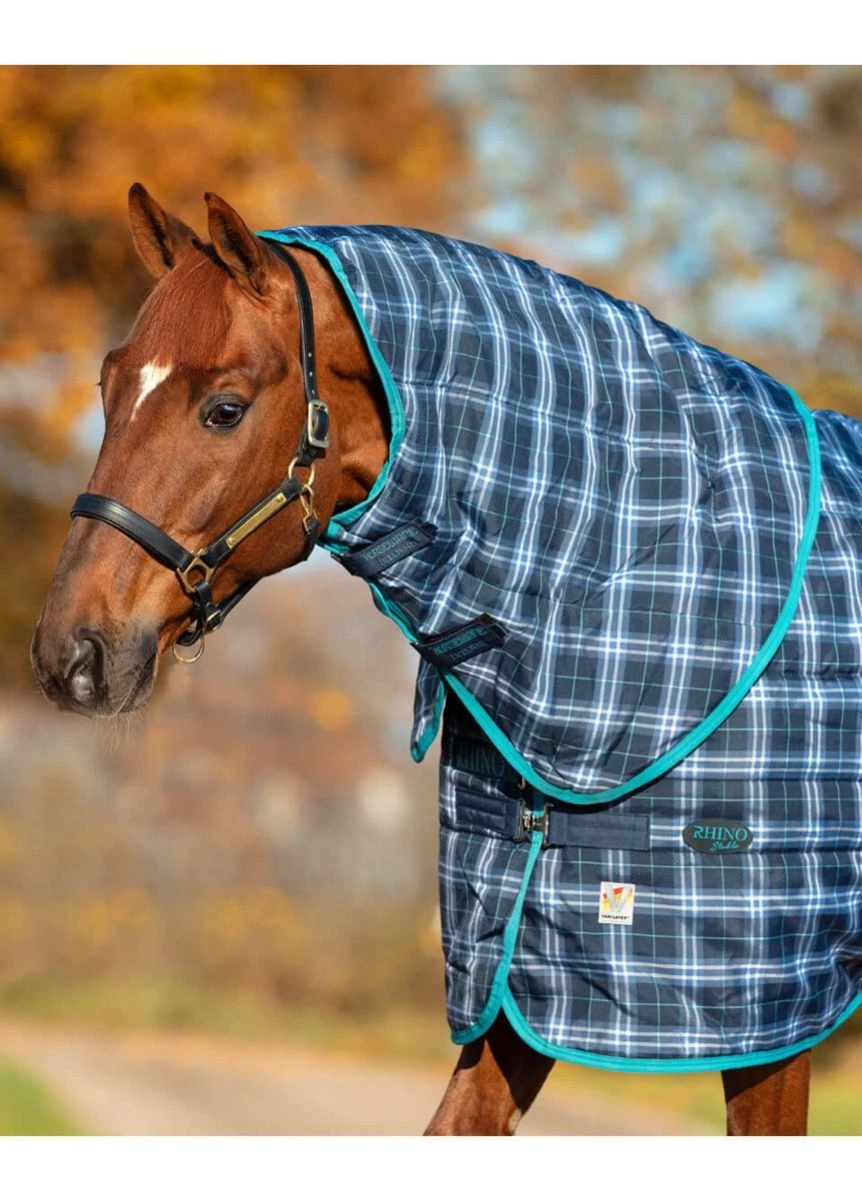 Rhino Original Stable Hood For Heavy - Navy Check/Teal 1 Rhino Original Stable Hood For Heavy - Navy Check/Teal